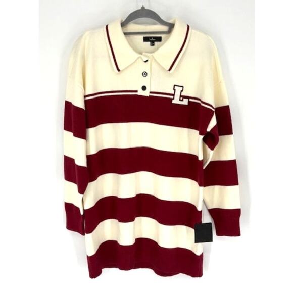 Lulus “Stellar Cutie” Ivory and Red Striped Collared Sweater Mini Dress – Medium - Picture 3 of 10